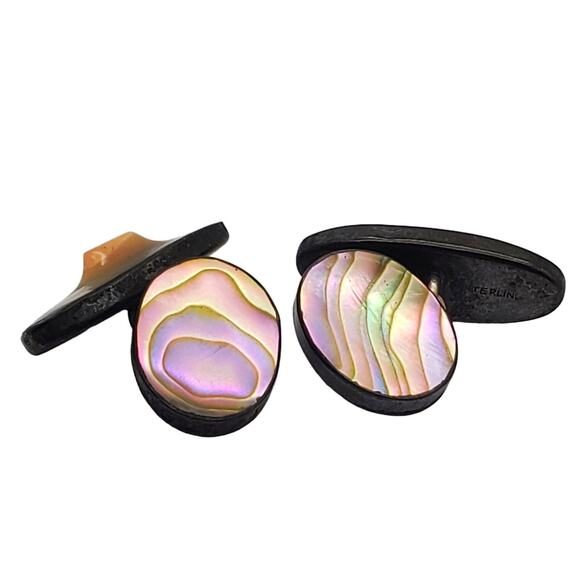 Sterling Silver Blister Pearl Cufflinks Antique Abalone Shell Cuff Links Jewelry - Picture 3 of 8